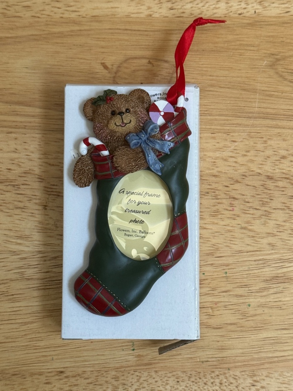 NIB ~ Christmas Teddy Bear In Stocking Photo Ornament